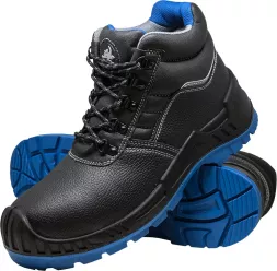 Buty robocze trzewiki męskie TITANBLUE z kompozytowym podnoskiem i wkładką, ochrona S3, czarne z niebieskimi detalami, trwała podeszwa antypoślizgowa, przewiewne, przeznaczone do pracy.