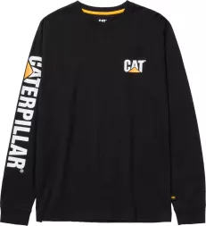 Czarna męska koszulka z długim rękawem CAT. Na lewej piersi logo CAT, na prawym rękawie biały napis CATERPILLAR z pomarańczowym trójkątem. Prosty, klasyczny krój.