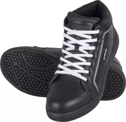 Buty robocze skórzane z podnoskiem SB JOHN, czarne, z białymi sznurówkami, antypoślizgowa podeszwa, miękka wyściółka wokół kostki.