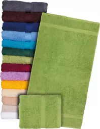 Ręcznik frotte z 100% bawełny, gruby i miękki, w kolorze zielonym. Tkany, dostępny także w innych kolorach. Idealny do użytku domowego i codziennego.