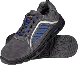 Męskie buty robocze ATOMIC S1 z podnoskiem stalowym, wykonane ze skóry w kolorze niebieskim i szarym. Podeszwa antypoślizgowa z wzorem bieżnika, sznurowane, wyściółka tekstylna.