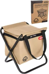 Rozkładane krzesło turystyczne Tactical Guard CAMP CH165C o nośności 150 kg, z lekką metalową konstrukcją i torbą z materiału w kolorze beżowym, wyposażone w wygodny uchwyt do przenoszenia.