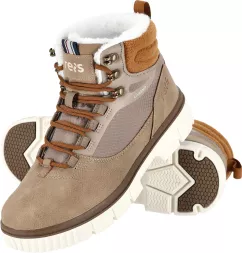 Damskie zimowe buty trzewiki trapery LIVIGNO w kolorze beżowym, ocieplane, z wyższą cholewką i grubą podeszwą typu trekkingowego. Buty mają metalowe oczka do sznurowadeł i kontrastujące detale.