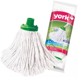 Bawełniana końcówka do mopa marki York, model Maxi 140g. Opakowanie z grafiką przedstawiającą produkt i napisami. Końcówka w kolorze białym z zielonym uchwytem.