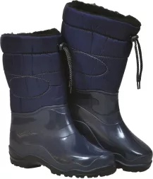 Buty ocieplane damskie z niebieską, wodoodporną gumową dolną częścią i ciemnoniebieską, tekstylną górną częścią. Posiadają zamek błyskawiczny i sznurek do regulacji na górze.
