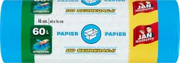 Opakowanie niebieskich worków na śmieci do segregacji papieru, pojemność 60 litrów. Na etykiecie znajduje się informacja 