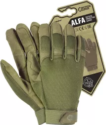 Rękawice taktyczne ALFA, elastyczne i wentylowane, w kolorze oliwkowym. Przeznaczone do zastosowań sportowych i ochronnych, z wzmocnieniami na palcach i dłoni. Model unisex, rozmiar M.
