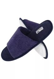 Damskie kapcie wsuwane SLIPWOOL w granatowym kolorze, wykonane z miękkiego materiału WOOL, zapewniającego komfort i ciepło. Idealne na co dzień w domu.