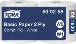 Czyściwo papierowe Tork Basic Paper 2-warstwowe, białe, 2 rolki po 800 listków każda, do trudnych zabrudzeń.