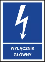 Znak bezpieczeństwa przedstawia białą ikonę błyskawicy na niebieskim tle, z białym napisem 