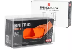 Dyspenser RNITRIO GRIFF w rozmiarze M, z przezroczystą komorą, umożliwiający łatwe mocowanie i dozowanie. Produkt marki Tesa, przeznaczony do precyzyjnego aplikowania taśmy.