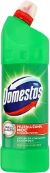 Płyn do WC marki Domestos w zielonej butelce z zakrzywioną końcówką, przeznaczony do usuwania brudu i bakterii.