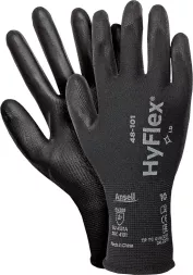 Rękawice ochronne Hyflex® 48-101, czarne, wykonane z materiału przypominającego tkaninę. Na nadgarstku widoczne oznaczenia modelu oraz rozmiaru (8/M).