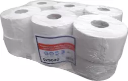 Pakiet sześciu białych rolek papieru toaletowego Jumbo Neutral zapakowanych w przezroczystą folię z niebiesko-czerwoną etykietą zawierającą kod kreskowy i informacje o produkcie.