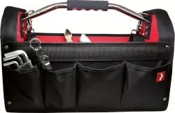 Ręczna torba na narzędzia BAG z 11 kieszeniami, wykonana z trwałego materiału, wyposażona w metalowy stelaż i wygodny uchwyt z pianką. Przeznaczona do przechowywania i transportu narzędzi.