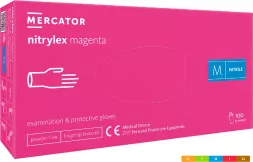 Rękawice nitrylowe diagnostyczne Nitrylex magenta, rozmiar M, bezpudrowe, 100 sztuk w opakowaniu, kolor magenta. Przeznaczone do badań i ochrony.