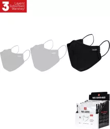 Maseczka higieniczna wielokrotnego użytku, 3-warstwowa, dostępna w kolorach szarym i czarnym. Opakowanie zawiera kilka sztuk. Produkt posiada certyfikat OEKO-TEX.