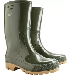 Buty zawodowe, typ kalosze, kolor zielony, wykonane z gumy. Wzmocniony przód i grubsza podeszwa ze wzorem antypoślizgowym.