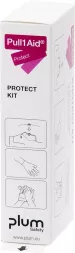 Białe opakowanie zestawu Pull1Aid Protect Kit z ilustracjami demonstrującymi użycie zawartości. Logo 