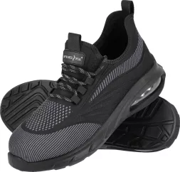 Czarne męskie buty robocze WAVE z podnoskiem i wkładką S1, wykonane z przewiewnego materiału, z trwałą podeszwą i sznurówkami zapewniającymi wygodne dopasowanie.