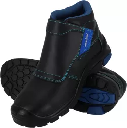 Buty robocze spawalnicze DREZNO, męskie, trzewiki z podnoskiem i wkładką, klasa ochrony S3 HRO. Czarne, ze wzmocnioną podeszwą odporną na gorąco, zaprojektowane do bezpiecznej pracy spawalniczej.