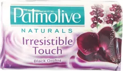 Mydło w kostce Palmolive Naturals o zapachu czarnej orchidei, nazwa produktu: Irresistible Touch. Opakowanie zawiera grafikę kwiatów orchidei.
