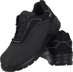 Czarne męskie buty robocze STING z kevlarowym i włókna szklanego podnoskiem, model S1P. Wykonane z oddychającego materiału, mają antypoślizgową podeszwę oraz wzmacnianą piętę. Sznurowane, lekkie i trwałe.