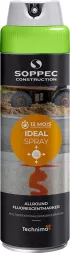 Puszka fluorescencyjnej farby do znakowania SOPPEC CONSTRUCTION, 12 MOIS IDÉAL SPRAY, kolor srebrno-pomarańczowy z zielonym wieczkiem, przeznaczona do użytku wielokierunkowego (360 stopni).