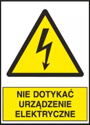 Znak ostrzegawczy w kształcie trójkąta z żółtym tłem i czarną obwódką, zawierający ikonę błyskawicy. Pod spodem znajduje się żółty prostokąt z napisem 