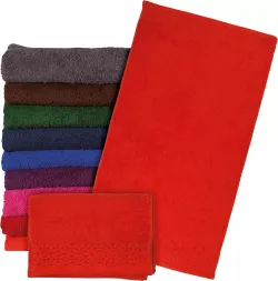 Ręcznik frotte z 100% bawełny, gruby, dostępny w kilku kolorach, w tym pomarańczowym. Wysokiej jakości, tkany, miękki i chłonny.