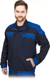 Męska bluza robocza CORTON katana, granatowa z niebieskimi wstawkami, wykonana w 100% z bawełny. Posiada kieszenie na piersi i boczne, zapinana na suwak.