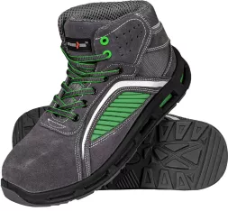 Buty robocze trzewiki skórzane z podnoskiem S1 stal, kolor zielony, model ATOMIC. Wykonane z wytrzymałych materiałów, posiadają podeszwę antypoślizgową i sznurowadła w kontrastowym zielonym kolorze.