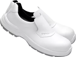 Buty robocze mikrofibra PPOPWSX4 S2, bezpieczne, z podnoskiem z włókna szklanego, białe, pełne, z cholewką zabezpieczającą i antypoślizgową podeszwą.