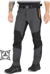 Elastyczne spodnie robocze softshell stalowe SLENDER-M, męskie, z ochroną do pasa. Ciemnoszare z czarnymi elementami na kolanach i kieszeniami zapinanymi na zamek, dopasowane, przeznaczone do pracy.