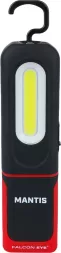 Latarka warsztatowa MacTronic MANTIS, panel LED COB, zasilanie USB, magnes do mocowania, hak do zawieszenia, kompaktowa, czarno-czerwona obudowa.