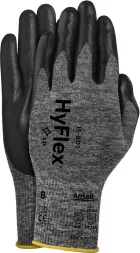 Rękawice HyFlex® 11-801, szaro-czarne, z częściowym pokryciem dłoni w kolorze czarnym. Na nadgarstku oznakowanie rozmiaru (8) i logotypy.