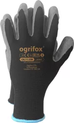 Czarne rękawice ochronne z lateksu, marki Ogrifox, model OX.11.558, rozmiar L. Posiadają niebieską obręcz na nadgarstku.