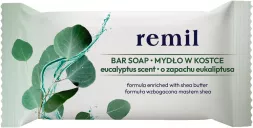 Mydło w kostce Remil o zapachu eukaliptusa, zawiera formułę wzbogaconą masłem shea. Produkt do mycia ciała z orzeźwiającym aromatem.
