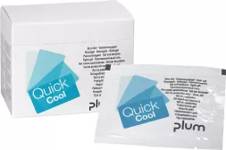 Żel na oparzenia QuickCool zapakowany w białe, pojedyncze saszetki i kartonowe pudełko z logo produktu.