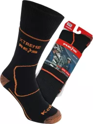 Skarpety termiczne merynos kevlar XTREME w kolorze czarnym z pomarańczowymi wstawkami, zaprojektowane dla podwyższonej wytrzymałości i ochrony stóp podczas intensywnego użytkowania.