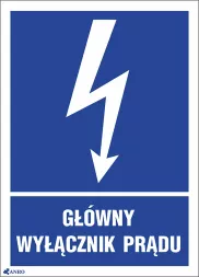 Znak elektryczny informujący o lokalizacji głównego wyłącznika prądu, z symbolem błyskawicy na niebieskim tle i napisem „GŁÓWNY WYŁĄCZNIK PRĄDU” w białych literach.