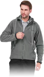 Szara męska bluza polarowa z kapturem, zapinana na zamek, z dwiema bocznymi kieszeniami. Model HOOD, przeznaczona jako odzież ochronna.