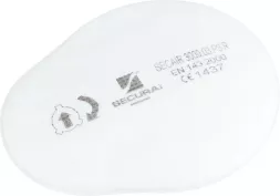 Biały, owalny filtr powietrza marki SECAIR, model 3000. Na filtrze widoczne oznaczenia: numer modelu S-303-2018-09 oraz normy EN 143/2000 i CE 1437.