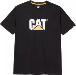 Czarna męska koszulka CAT z krótkim rękawem, wykonana z bawełny, z dużym białym logo CAT i żółtym trójkątem na przodzie. Prosty, klasyczny krój.