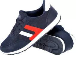 Niebieskie lekkie buty sportowe FRED z białym i czerwonym detalem po boku, sznurowane, z białą podeszwą i profilowanym bieżnikiem.