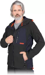 Bluza ochronna z polaru, czarna z szarymi i pomarańczowymi detalami, długie rękawy, zamki błyskawiczne, kaptur, kieszenie.