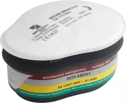 Filtropochłaniacz, model 3025 ABEK1, do ochrony przed gazami, parami i cząstkami. Posiada oznaczenia zgodności z normą EN 14387:2004 + A1:2008. Czarno-biały, z kolorowymi pasami na obwodzie.