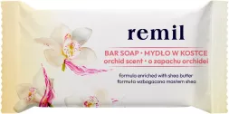 Mydło w kostce REMIL o zapachu orchidei, wzbogacone masłem shea. Delikatna formuła do pielęgnacji skóry.