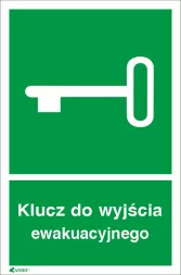 Znak ewakuacyjny przedstawiający ikonę klucza w kolorze białym na zielonym tle z opisem 